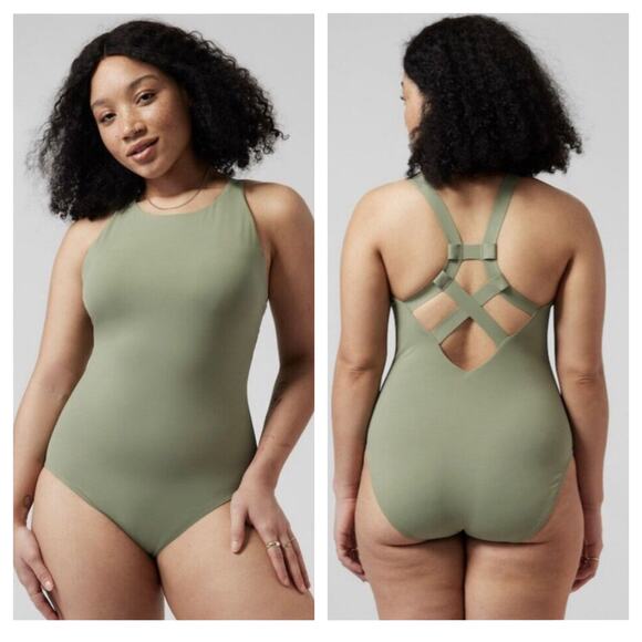NWT Athleta Palm One Piece Swimsuit Small Green Strappy Back Modest Coverage - Picture 7 of 14